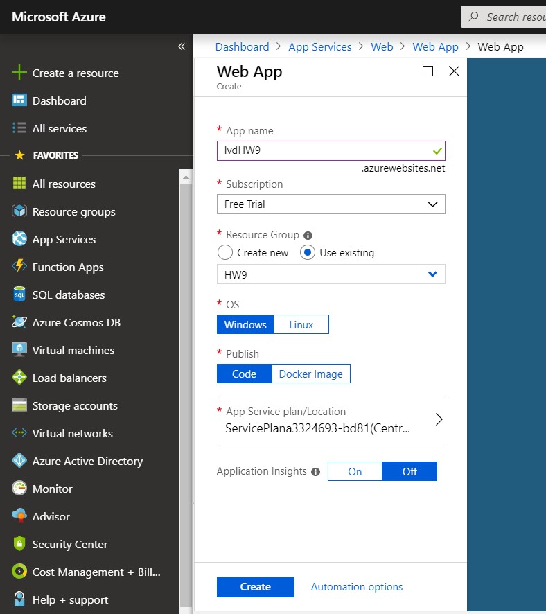 web app name and existing resource group