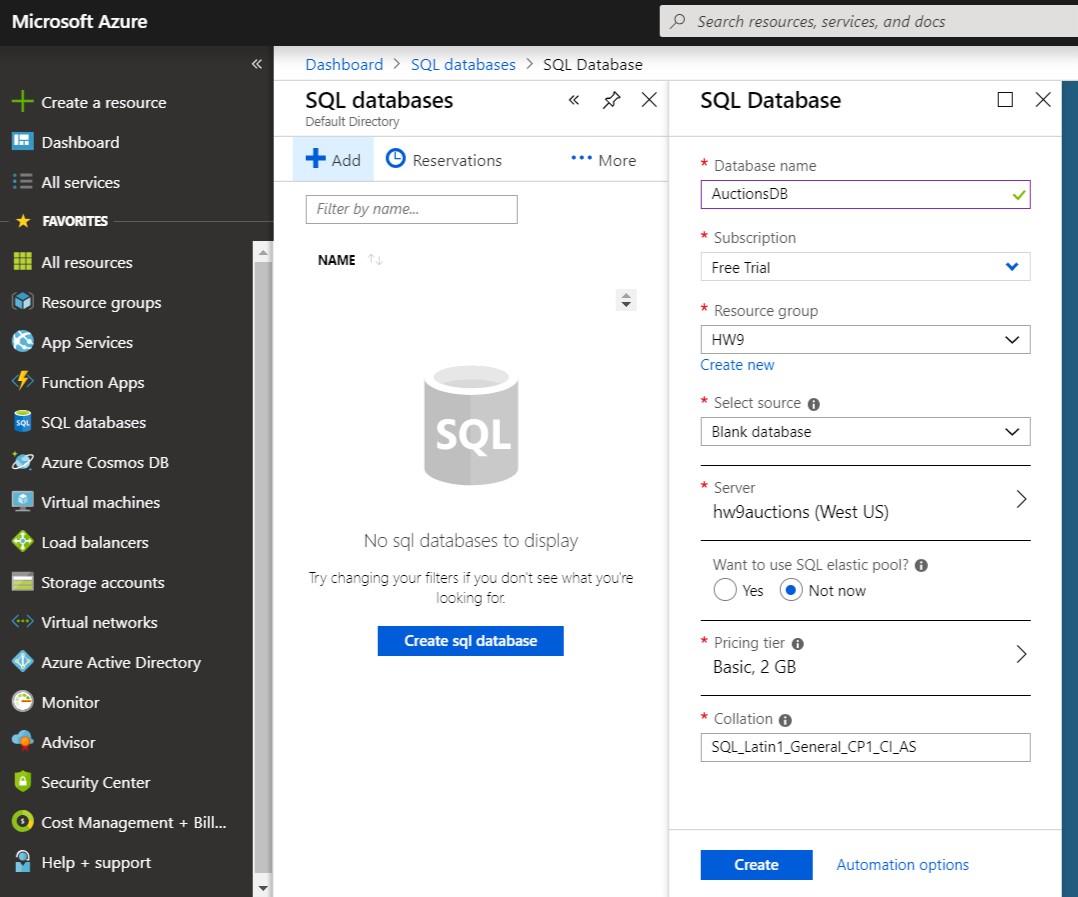 create SQL db